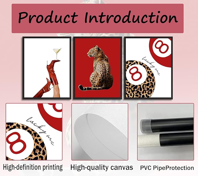 Trendy Leopard Canvas Wall Art Set of 3 Preppy Funky Red Boot Martini 8 Ball Wall Decor Pictures Feminism Aesthetic Cheetah Poster Prints for Girly Bedroom Apartment Decoration 12X16in Unframed