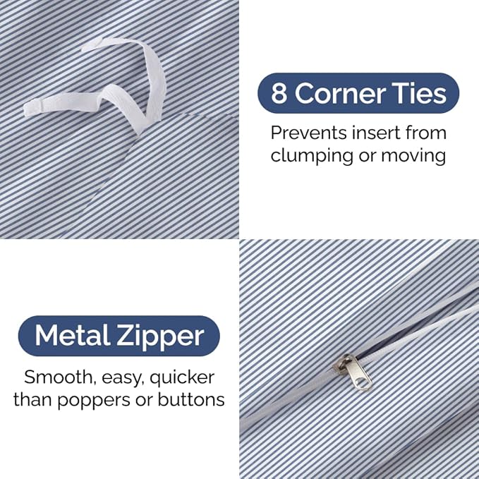 Duvet Cover Cal King Size Set - Extra Soft Cal King Size Duvet Cover 104 x 98 with 2 Pillow Shams - Hotel Luxury and Fade Free w/Zipper Closures & Ties - Comfy Breathable Bedding Set (Blue Stripes)