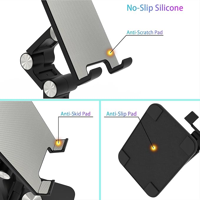 360 Rotating Cell Phone Stand,Folding Phone Stand,Adjustable Height and Angle Foldable Cell Phone Stand Holder for Desk, Taller iPhone Stand Compatible with iPad Smartphones Tablet (Black)