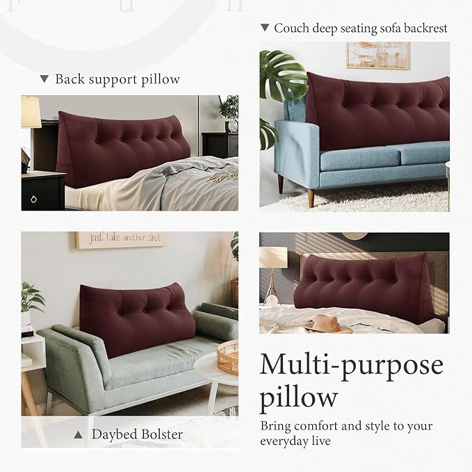 11 lbs Thickened Queen Headboard Pillow for Sitting Up in Bed, Back Support Reading Pillow with Side Pocket and Velvet Removable Cover, Triangular Large Wedge Headboard Pillow