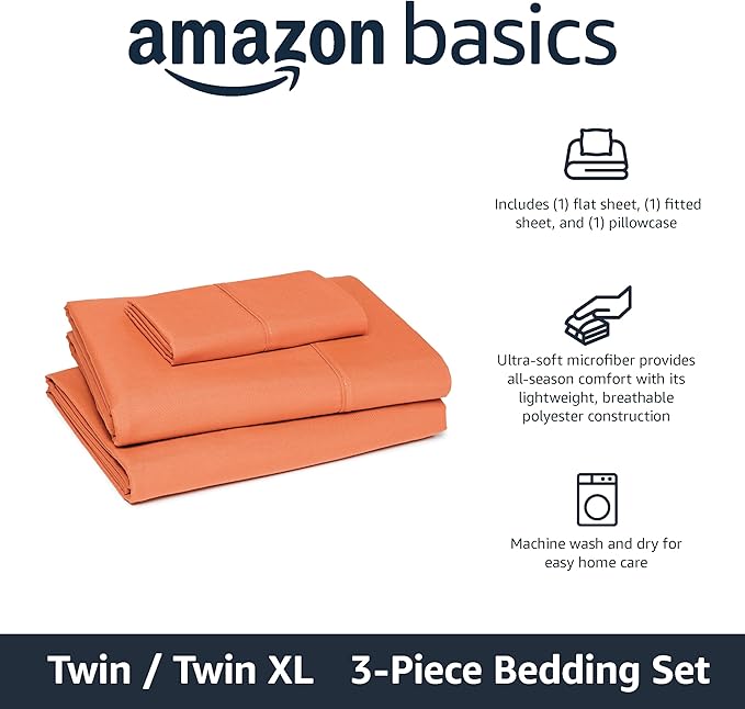Amazon Basics Lightweight Microfiber 3-Piece Bed Sheet Set, Brick, Solid, Twin XL AmazonBasics