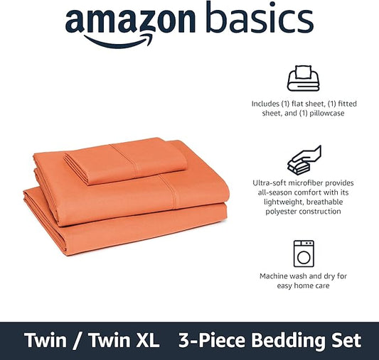 Amazon Basics Lightweight Microfiber 3-Piece Bed Sheet Set, Brick, Solid, Twin XL AmazonBasics