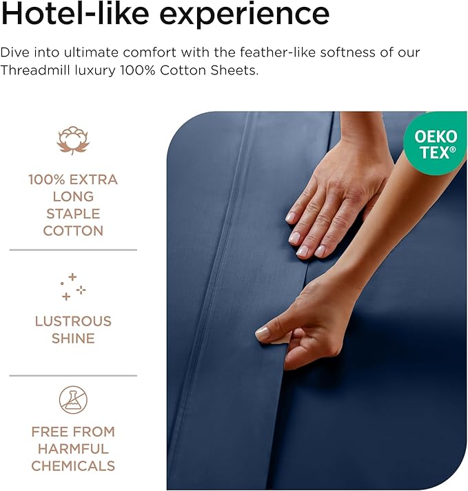 Threadmill 100% Cotton Sheets for Cal King Size Bed - 600 Thread Count Cal King Bed Sheets Set with 16” Deep Pocket - Sateen Weave 4-Piece Bedding Set with Cooling Effect, Folkstone Blue