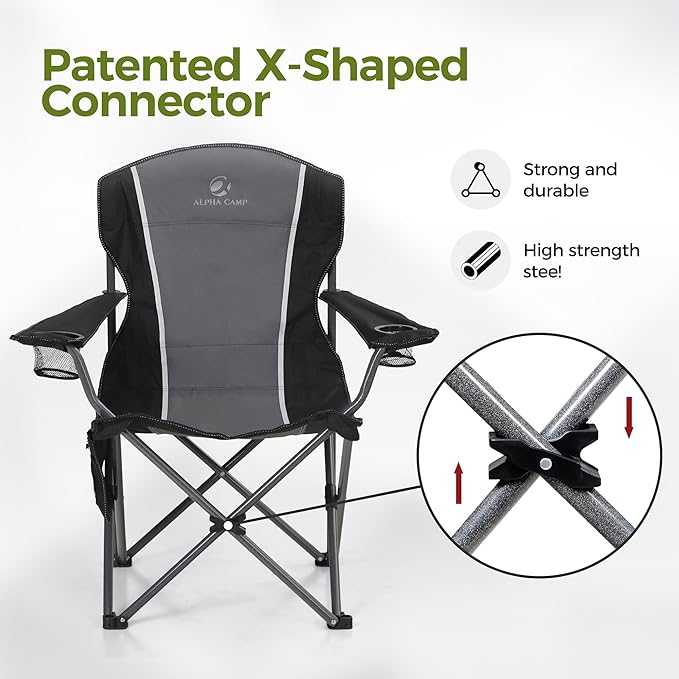 ALPHA CAMP Oversized Camping Folding Chair - Heavy Duty Steel Frame Support 350 LBS, Collapsible Padded Arm With Cup Holder, Quad Lumbar Back, Portable for Outdoor/Indoor