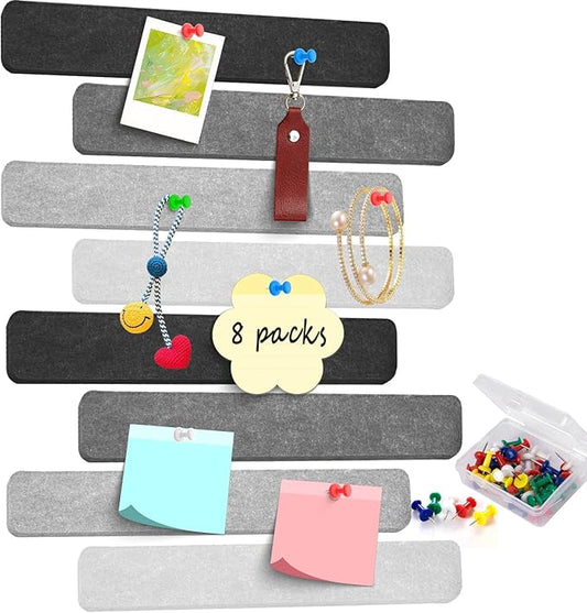 8Pcs Felt Bulletin Board Strips, Cork Board Strips for Walls Self Adhesive with 50 Pushpins, Colorful Cork Strips for Office Classroom Decor, Small Bulletin Board to Paste Photos, Notes (Black)