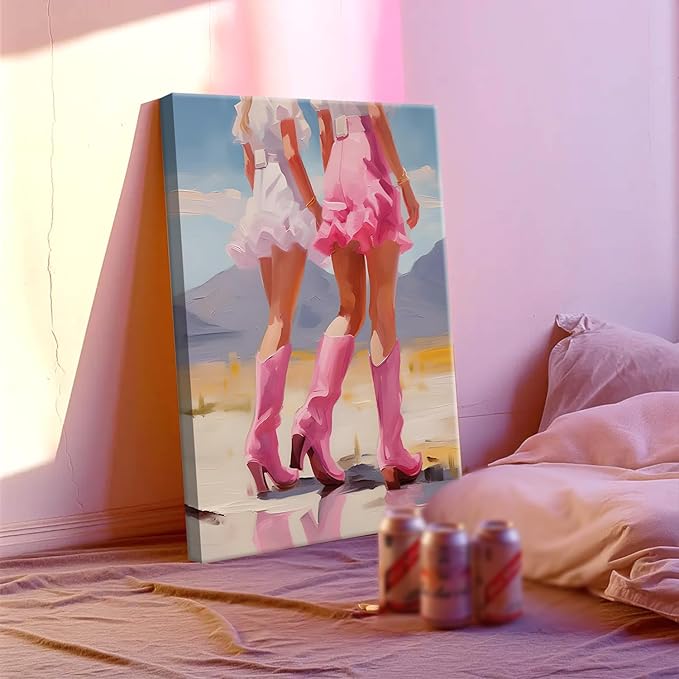 Framed Pink Preppy Wall Art Set of 3, Cowgirl Boots Cherry Cocktail Pictures Wall Decor, Trendy Poker Paintings Canvas Prints Girly Aesthetic Home Decor for Living Room Bedroom Dorm Bar 16x24 inch