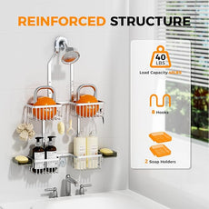 REINHARDT Aluminum Shower Caddy Hanging Adjustable Shower Caddy, Rustproof Hanging Shower Organizer with Hooks Soap Holders, Over Shower Head Caddy for Handheld Showerhead, Silver