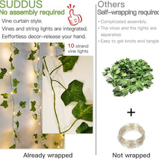 suddus Vines with Light for Bedroom, 200 LED Fairy Lights with Vines, Ivy Curtain Lights for Dorm, Wedding, Party, Wall, Indoor, Outdoor Decor, 6.5ft x 6.5ft
