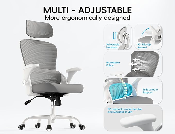 TRALT Office Chair - Ergonomic Office Chair with Back Support, Computer Chair - Home Office Desk Chairs, 330lbs Wide Seat Big and Tall Office Chairs with Headrest, Comfy Desk Chairs (Grey)