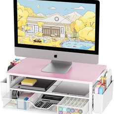 OPNICE Desk Organizers and Accessories, 2-Tier Computer Monitor Stand Riser with Drawer and 2 Pen Holders, Laptop Stand, Office Desk Accessories for Office Supplies, Pink Wood