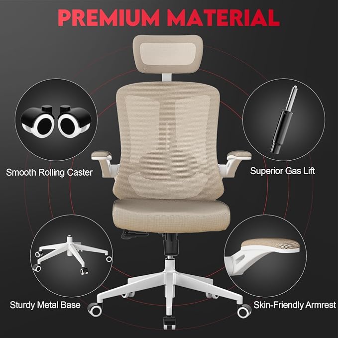 Ergonomic Office Chair - 400LB Comfy Desk Chairs with Adjustable Headrest and Lumbar Back Support, Mesh Computer Chairs with Wheels and Arms for Home Office, Study (669khaki-With Headrest)