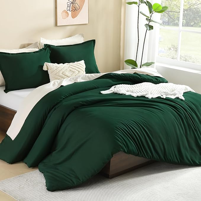Litanika Comforter Set, Lightweight Solid Bedding Comforter Set, Fluffy Down Alternative Bed Set, Emerald Green, Oversized Queen