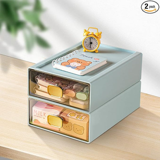 2 PACK Stackable Desk Organizer with Drawer Desktop Storage Drawer Box Plastic Desk Stationery Organizer for Office Supplies, Pens, Mails, Makeup, Letters (Blue, M - 1 Drawer, Pack of 2)