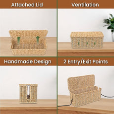Cable Management Box, Handmade Rattan Cable Organizer, 2 Open Slots Cords Hider Box, Under Desk Cord Organizer for Computer Router USB Hub & Power Strip, Patent Pending, 13