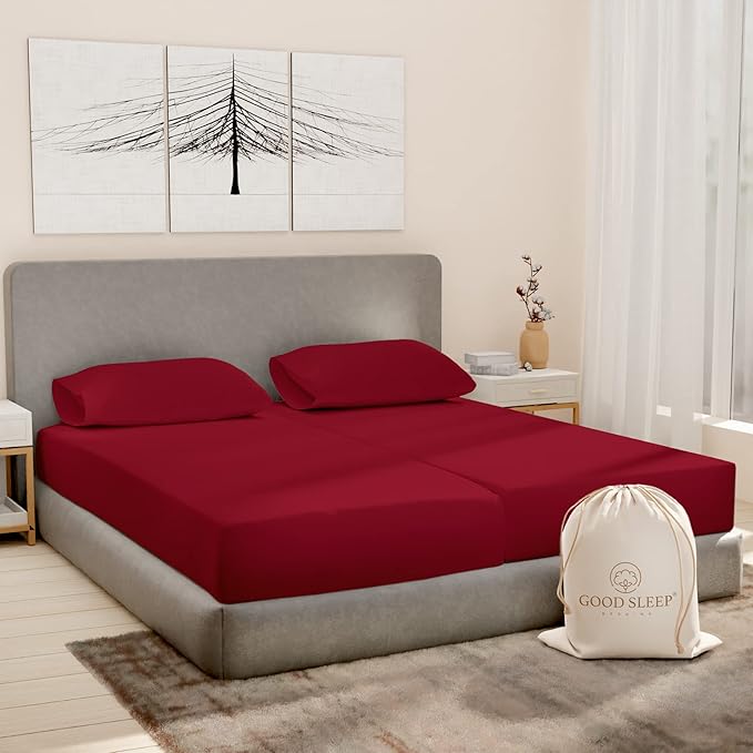 Good Sleep Bedding Split King Sheets Sets for Adjustable Bed Cotton, Egyptian Cotton Sheets, 5 Piece Cotton Split King Sheet Set, Sateen Sheets, 2 Fitted - 16" Deep Pocket, Burgundy GoodSleepBedding