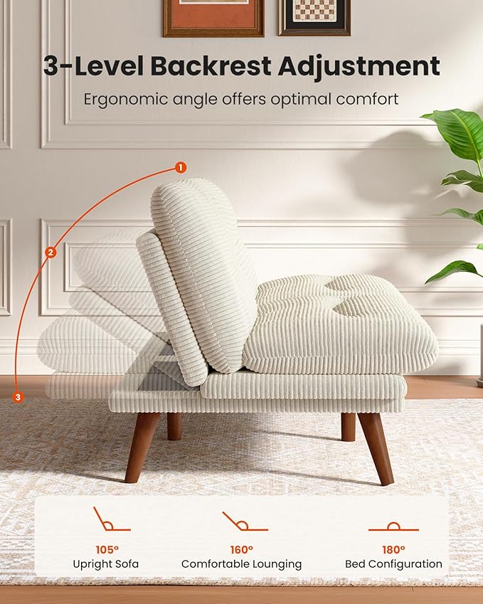 AMADA 66"Convertible Futon Sofa Bed, Corduroy Folding Futon Set with Adjustable Backrest &Armrests, Recliner Lounge for Living Room, Apartment or Office, Solid Wood Frame, Loveseat Sofa - Beige White