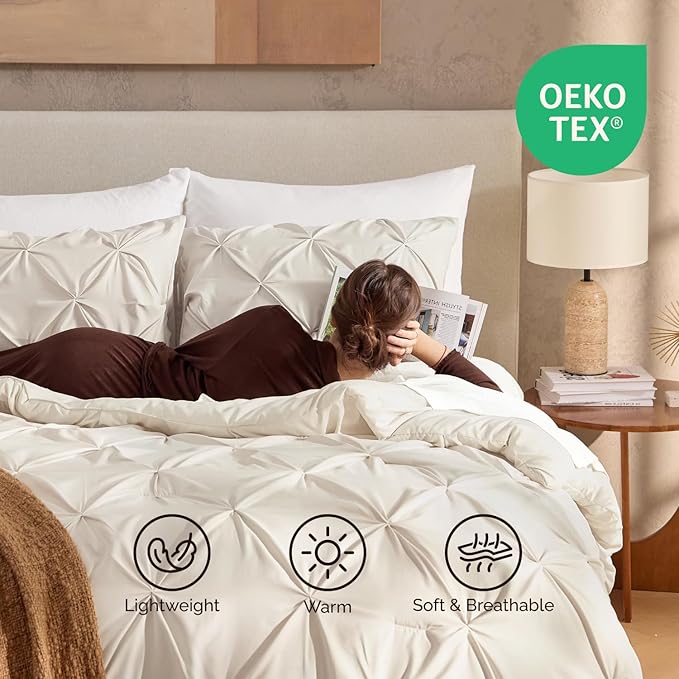 Andency Beige Comforter Set Twin(66x90Inch), 2 Pieces Comforter for Girls Kids, Soft Microfiber Pinch Pleat Comforter Set, All Season Lightweight Bedding Set