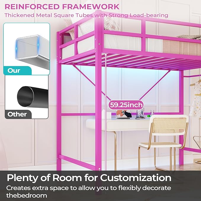 DICTAC Loft Bed Twin Size with Ladder and Guardrail,Metal Twin Loft Bed with Led Lights,Pink Loft Bed for Girls,Small Space Saving Design for Bedroom,Kid Room and Dorm,No Box Spring Needed, Pink
