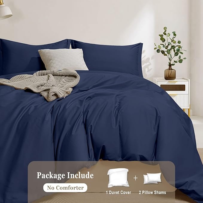 100-Percent Cotton Duvet Cover Set, Hidden Zipper Closure, Ultra Soft, Easy Care and Durable, Simple Bedding Style, Queen, Navy (Comforter Not Included)