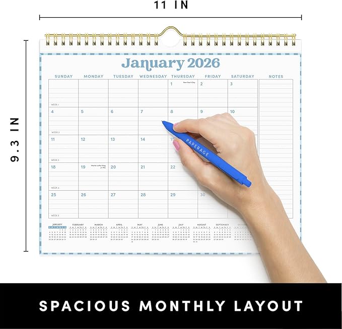 PAPERAGE 2026 Calendar, 12 Months (January 2026 - December 2026), Small (9 in x 11 in), Minimalist Wall and Desk Calendar with Monthly Views, Yearly Plans & Notes Section – Pastel