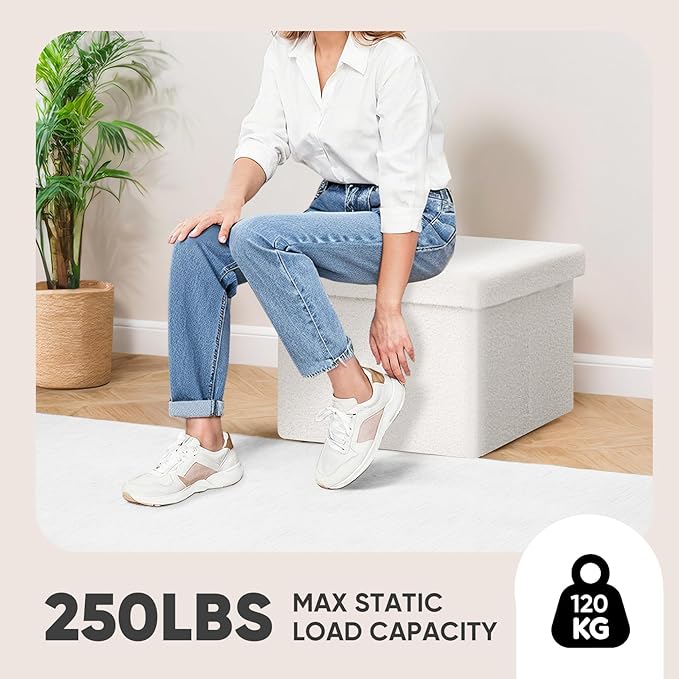 PINPLUS Storage Ottoman Cube Ottoman Foot Rest,Small Foldable Portable Boucle Upholstered Sherpa Ottomans, Faux Teddy Fur, White 16.5"x12.6"x12.6"