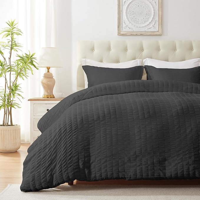 Cozyide Dark Grey Duvet Cover Full Size, 3 Pieces Bedding Duvet Covers, Breathable Seersucker Duvet Cover Set with Zipper Closure and Corner Ties (1 Duvet Cover 80"x90" + 2 Pillow Shams 20"x26")