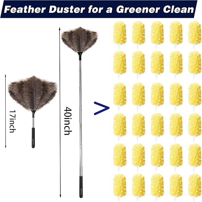 Soarer Extendable Ostrich Feather Duster - 40 inches Fluffy Long Handle Reusable Feather Duster for Cleaning Ceiling Fan,Pendant lamp, High Ceiling, Blinds, Furniture