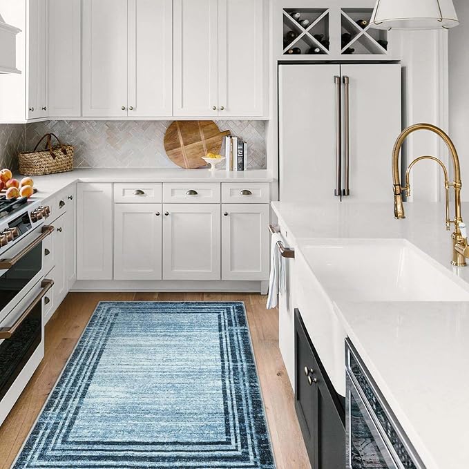 Lahome Modern Abstract 3x5 Rug,Washable Blue Throw Rugs for Entryway Indoor Non-Slip,Low-Pile Soft Area Rug Minimalist Bordered Carpet for Kitchen Bathroom Bedroom