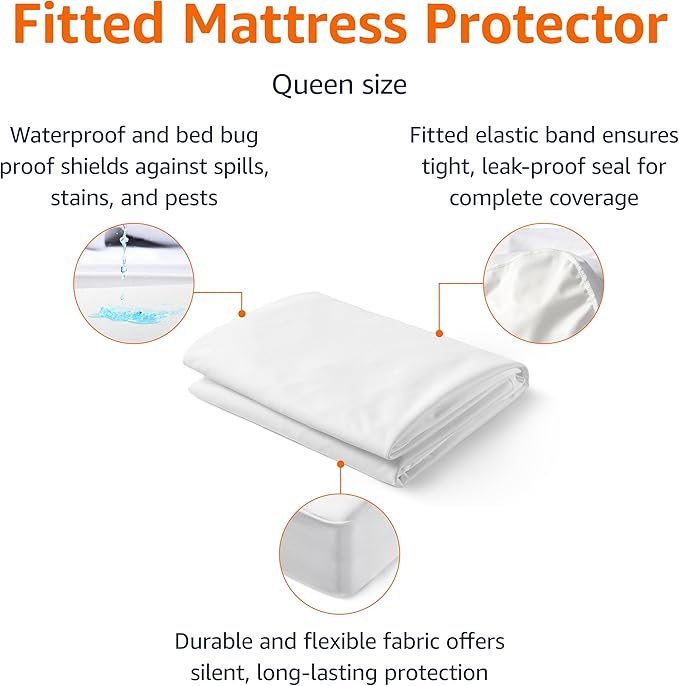 Amazon Basics Waterproof Mattress Protector, White, Queen