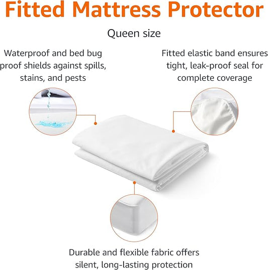 Amazon Basics Waterproof Mattress Protector, White, Queen
