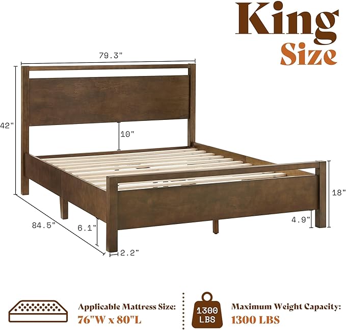 AMERLIFE King Size Solid Wood Bed Frame with Headboard, Minimalist Platform Bed with Wooden Slats Support/No Box Spring Needed/Easy Assembly/Noise-Free, Dark Brown