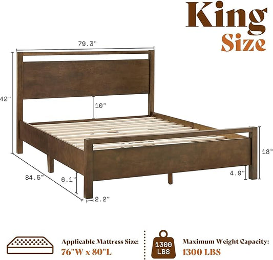 AMERLIFE King Size Solid Wood Bed Frame with Headboard, Minimalist Platform Bed with Wooden Slats Support/No Box Spring Needed/Easy Assembly/Noise-Free, Dark Brown