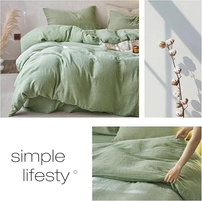 Green Duvet Cover Queen Size-Ultra-Soft, Breathable & Lightweight Muslin Cotton Linen Like Gauze Textured Comforter Cover with Zipper Closure Minimalist Duvet Cover Set- 90"x90",Mint Green