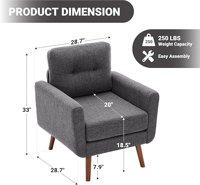 Tbfit Accent Chair, Reading Chair for Living Room & Bedroom, Mid Century Modern Arm Chair, Button Tufted Upholstered Accent Chairs Sofa with Solid Wood Frame, Grey
