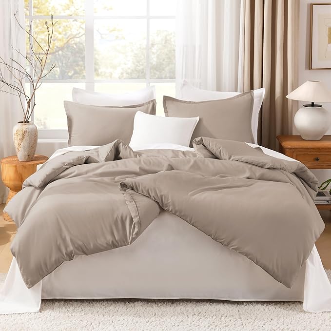 Litanika Light Coffee Comforters Oversized Queen Size, 3 Pieces Lightweight Solid Bedding Comforter Set, All Season Fluffy Bed Set (98x98In Comforter & 2 Pillowcases)