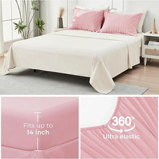 HYMOKEGE Pink/Ivory King Size Comforter Set Seersucker 7 Pieces, All Season Luxury Bed in a Bag for Bedroom, Bedding Set with Comforter, Sheets, Pillowcases & Shams