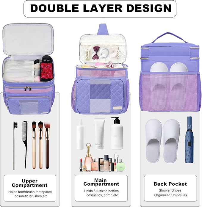 Portable Shower Caddy College, Quickly Dry Tolietry Mesh Tote Bag for Dorm Room Essentials, Hanging Bathroom Organizer Bag for Travel, Gym, Camping (Purple)