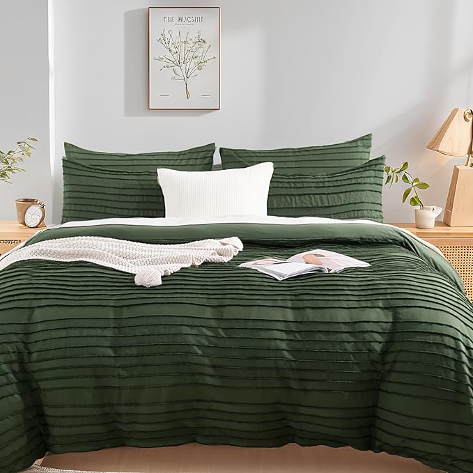 NEXHOME PRO Twin Duvet Cover, Blue 2 Pieces Boho Tufted Twin Size Duvet Cover Set, Soft and Lightweight Microfiber Comforter Cover Set for All Season (Forest Green,66 x 90)-No Comforter