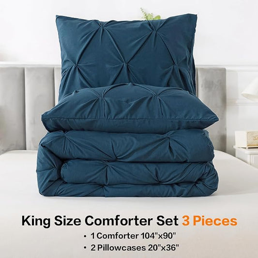 Andency Navy Blue Comforter Set King Size, 3 Pieces All Season Pintuck Decorative Bedding Set, Soft Fluffy Microfiber Bed Set