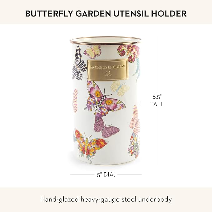 MACKENZIE-CHILDS Enamel Utensil Holder, Kitchen Utensil Holder for Countertop, Storage Caddy, Butterfly Garden