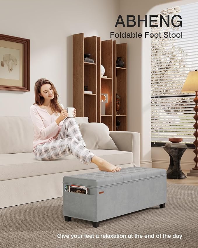 Velvet Storage Ottoman Bench, End of Bed Bench with Legs, Large Entryway Bench, Foot Rest Stool, Tea Table for Bedroom, Living Room, Loads 770 lb, 15.7"L x 43"W x 15.7"H, Dove Gray, UASND62G