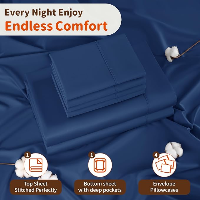 LBRO2M 1000 Thread Count 100% Egyptian Cotton Sheets Set 6 Piece Sets Queen Bed Sheet Deep Pocket Sheet Set 16" Soft Comfortable All Season (Queen, Navy Blue) LBRO2MBedding