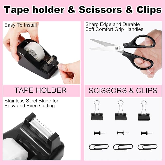 Desk Organizers and Accessories Set with 360-Degree Rotating Pen Holder, Tape Dispenser, Stapler, Staple Remover, 1000 Staples, Tape, Clips Set, Ruler, Scissor, Pen