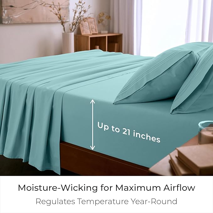 Mellanni California King Sheet Set - 6-Piece Iconic Collection Bedding, (Including 4 Pillowcases), 21-Inch Extra Deep Pocket, Easy Care, Ultra Soft, Cooling Sheets, Brushed Microfiber - Aqua