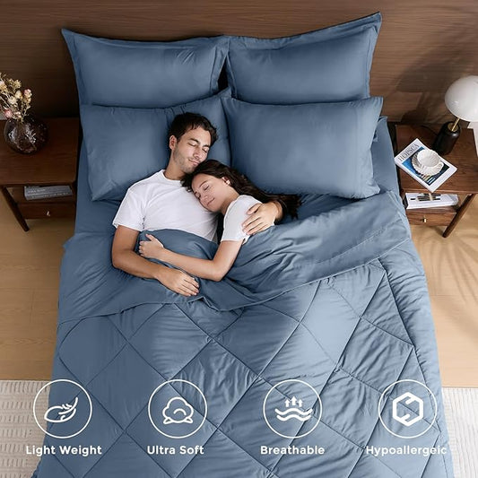 HEVUMYI Dusty Blue King Comforter Set - 7-Piece All Season Bed in a Bag King, Ultra Soft Bedding Set with Comforter, Flat Sheet, Fitted Sheet, Pillowcases, Pillow Shams