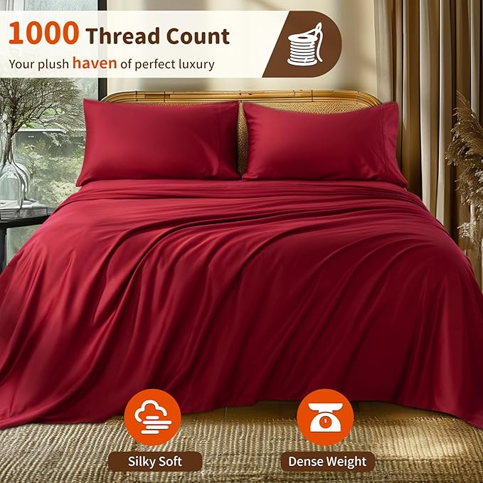 LBRO2M 1000 Thread Count 100% Egyptian Cotton Sheets Set California King Size, 4 Piece Sets Bed Sheet Deep Pocket Sheet Set 16" Soft Comfortable All Season (California King, Burgundy)