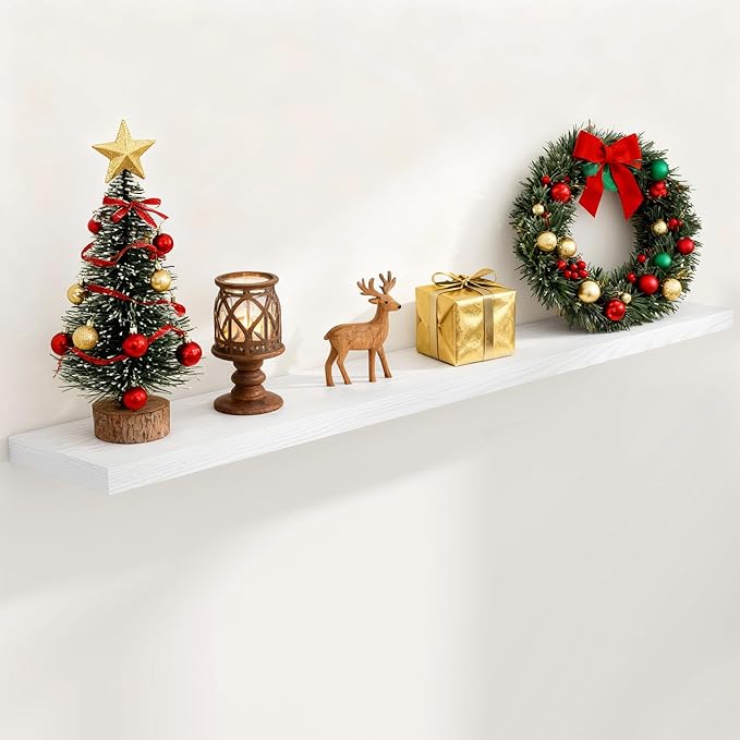 Fun Memories 72 Inch Floating Shelves for Wall, 72x9.3 Large Floating Shelf for Bedroom, Kitchen, Bathroom, Wall Mounted Rustic Wood Shelves with Invisible Bracket for Books, Decor, White