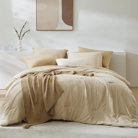 WRENSONGE Queen Comforter Set- 7 Pieces Beige Bed in a Bag Queen with Fitted Sheet, Flat Sheet, 2 Pillow Shams, and 2 Pillowcases- Warm Bed Set for All Season