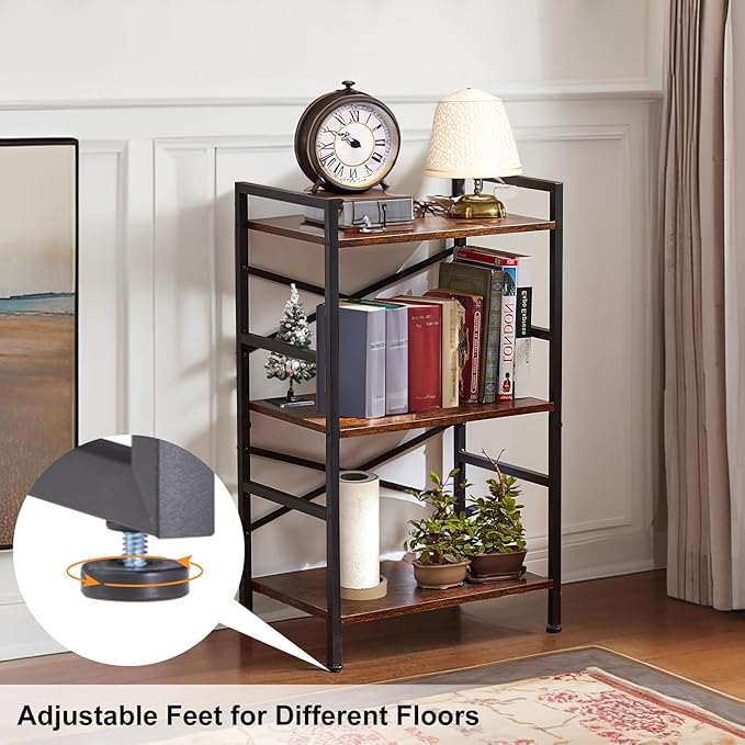 3-Tier Small Bookshelf, Industrial Metal & MDF Bookcase, X-Brace Stable Shelving for Small Spaces, Adjustable Feet, Easy Assembly, 27.6" H x 16.5" W x 11" D (Black)