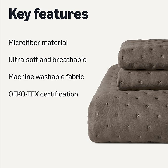 Amazon Basics Brushed Microfiber Quilt Set, Extra Soft with Natural Texture, 3-Piece,Queen/Full, Brown